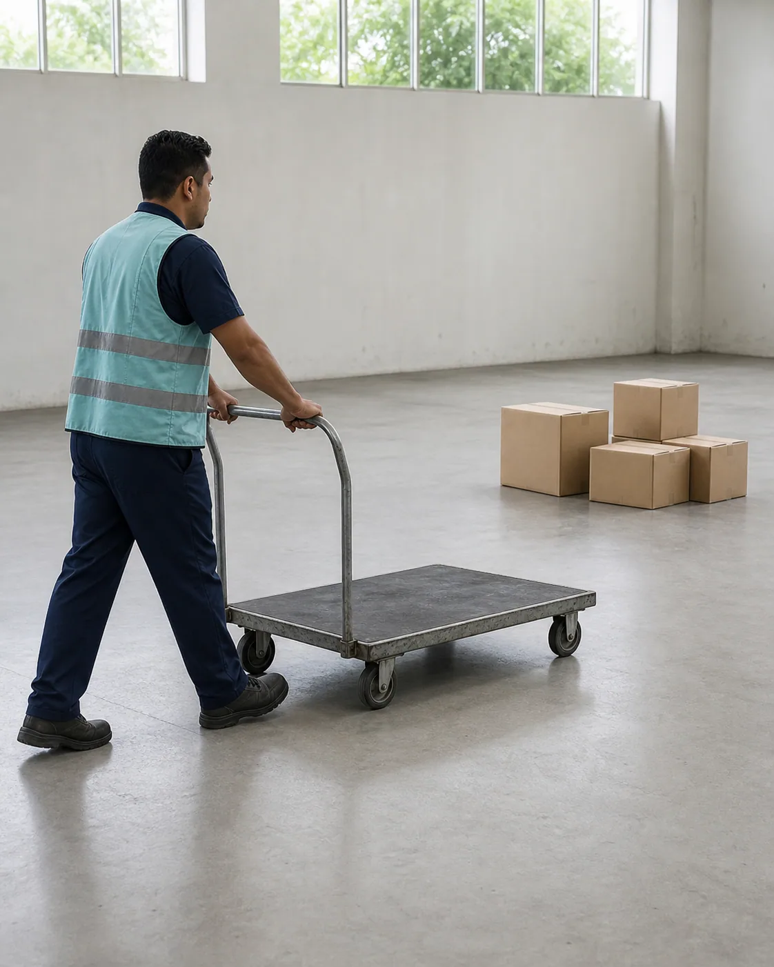 Illustrative warehouse worker pushing an empty flatbed cart past plain cartons.