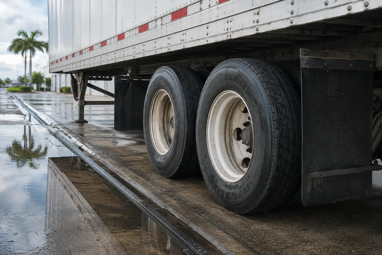 Illustrative close view of trailer tandem wheels beside rainwater and a palm reflection.
