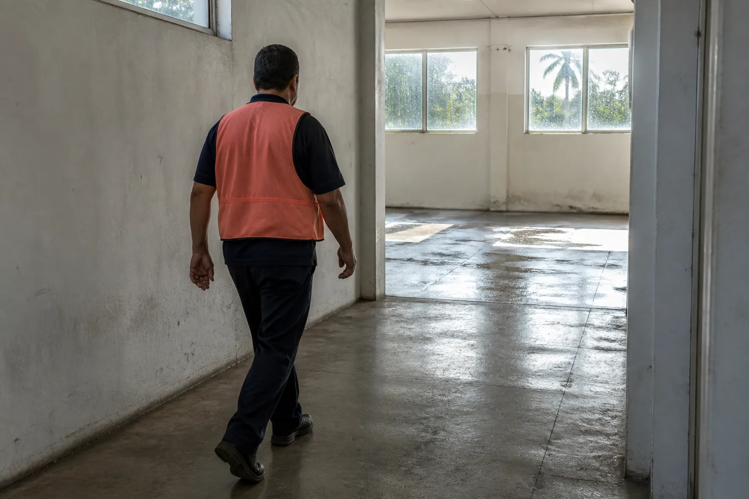 Illustrative warehouse worker walking into a plain sunlit staging room.